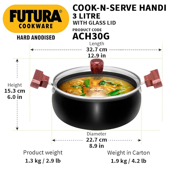 Hawkins Futura 3 Litre Cook n Serve Handi, Hard Anodised Biryani Handi with Glass Lid