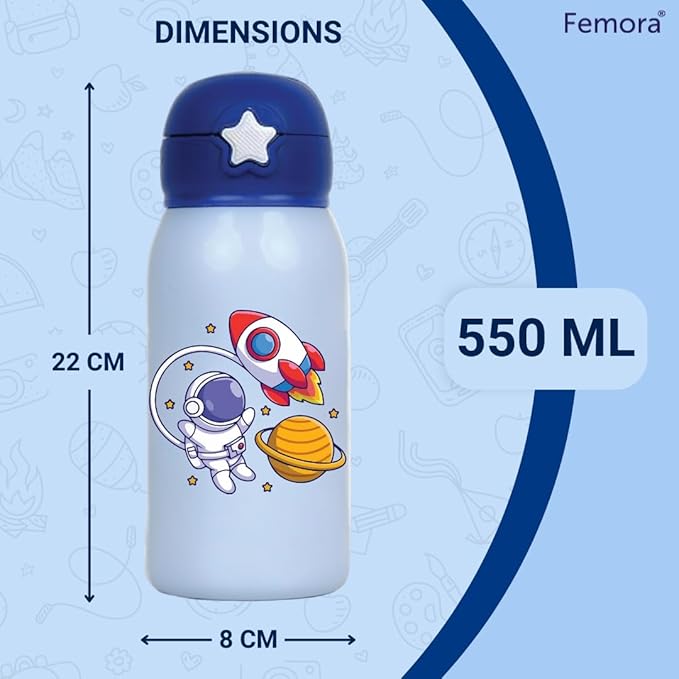 Femora Galaxy World Thermosteel Double Wall Vacuum Kids Water Bottle with Bag - 350 gms