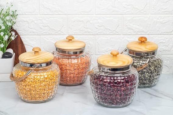 Femora Kitchen Storage Jars Embossed Glass Jar With Wooden Lid & Jute Chain Air Tight Jar | 500 Ml | Pack of 4