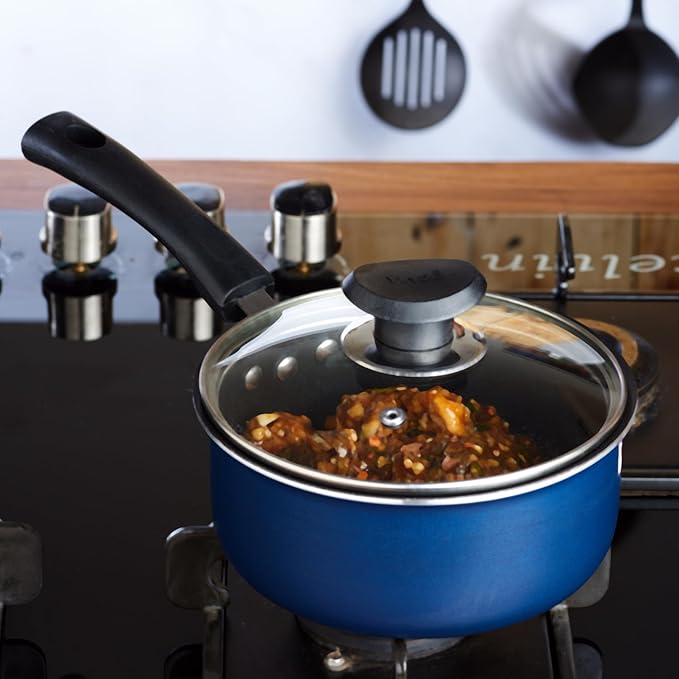 Vinod Zest Aluminium Non Stick Saucepan With Glass Lid - 1.4 Litres | 14cm | Milk/tea Pan | Sauce Pot With Lid | 3mm Thick | 3 Layer Coating