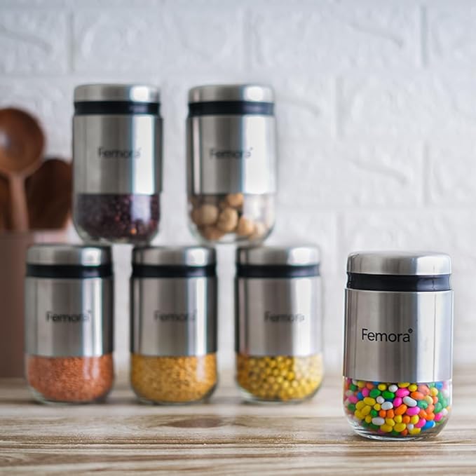 Femora Kitchen Storage Jars Steel Body With See Through Bottom Jar | 550 Ml | Pack of 6