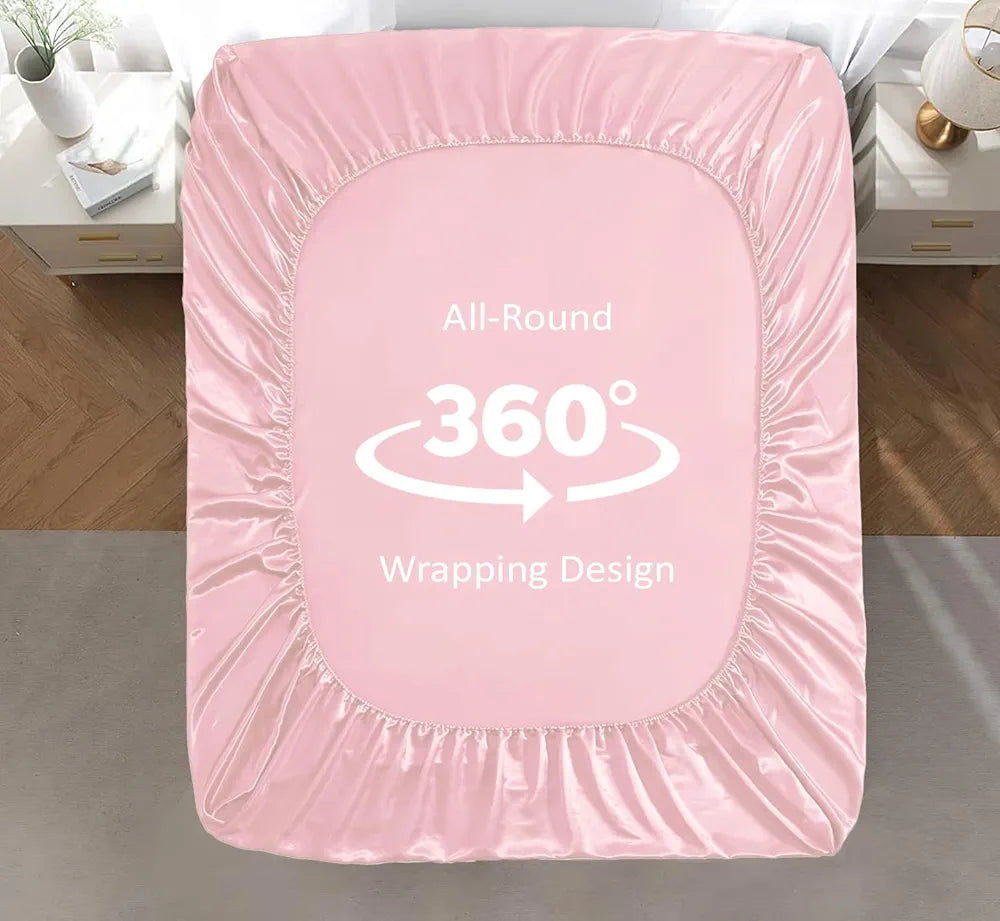 Cloth Fusion Satin Elastic Fitted Bedsheet for Double Bed King Size with 2 Pillow Covers H603 280 TC Baby Pink