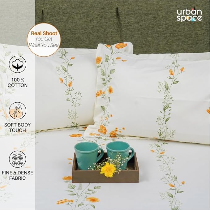 Urban Space Serene Cotton Bedsheet for Double Bed 2 Pillow Covers (Colour Veil Bloom Yellow)