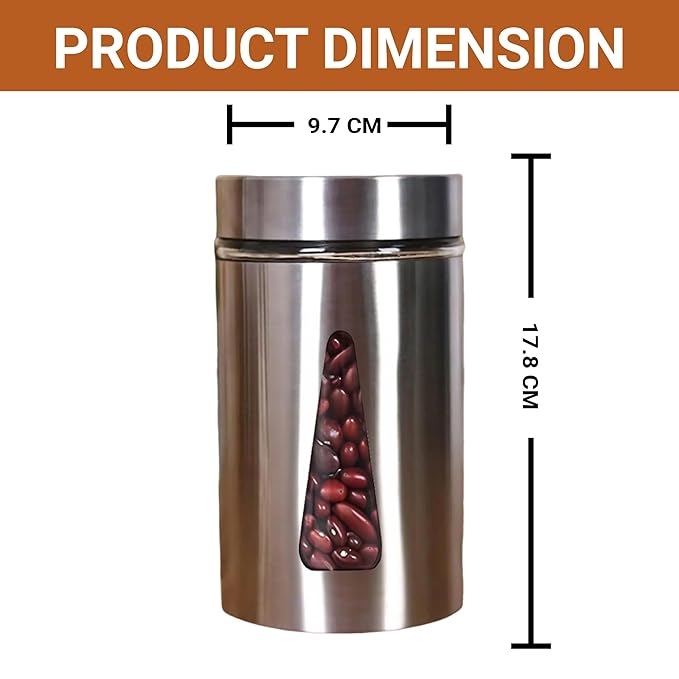 Femora Kitchen Storage Jars Steel Finish With See Through Window Jar | 1000 Ml | Pack of 4
