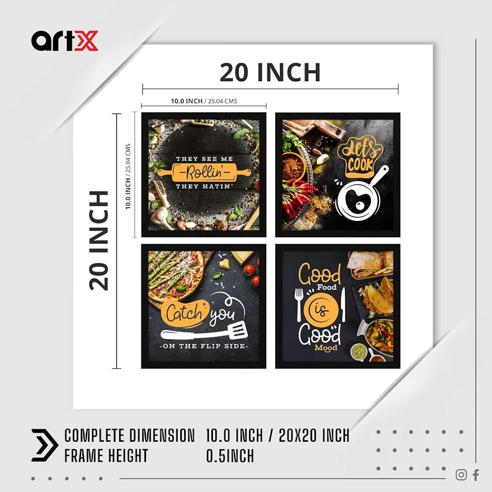 ArtX Kitchen Food Quotes Motivational Funny Wall Art Frames Multicolour Framed Posters Set of 4