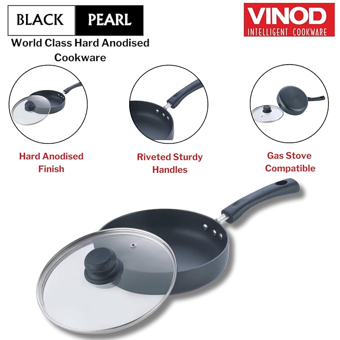 Vinod Black Pearl Hard Anodised Deep Frypan with Glass Lid - 1.8 Litres |  22cm | 3.25mm Thick | Skillet Pan