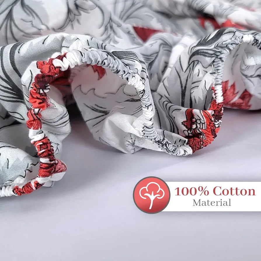 Divine Casa 144TC 100% Cotton Fitted Bedsheets Queen Size Printed Double King Bed Size Elasticated Fitted Bedspread with 2 Pillow Covers Colour Red Mist