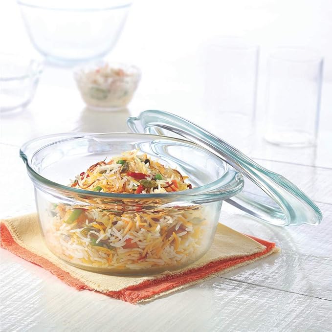 Borosil Glass Casserole Oven and Microwave Safe Serving Bowl With Glass Lid | 1.75 Litres | Transparent