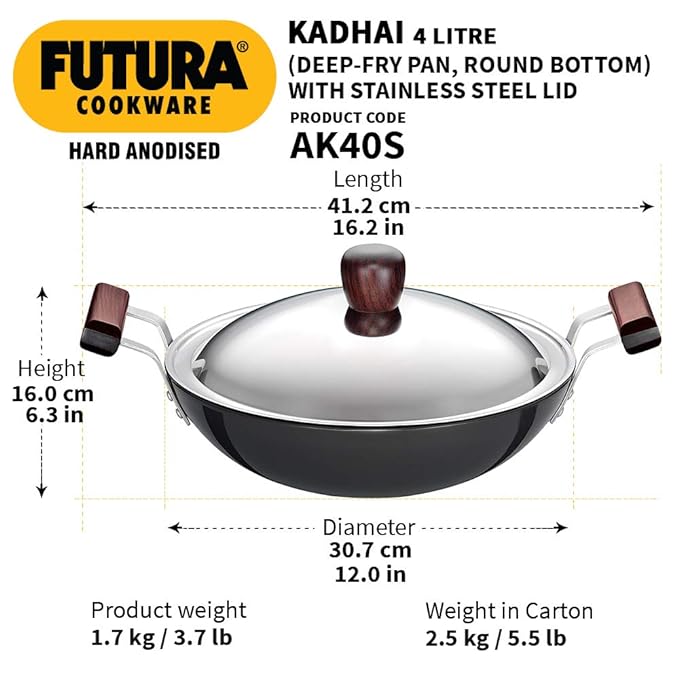 Hawkins Futura 4 Litre Deep Fry Pan Hard Anodised Kadai with Stainless Steel Lid