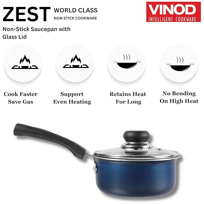 Vinod Zest Aluminium Non Stick Saucepan with Glass Lid - 1.6 Litre, 16cm | Milk/Tea Pan | Sauce Pot with Lid | 3mm Thick | 3 Layer Coating