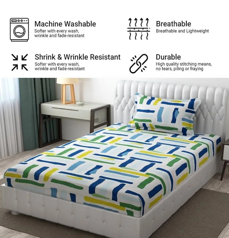 Fresh From Loom Microfiber Rotary Printed Bed Sheet Set Single Size with 1 Pillow Covers 144 TC Multi Line