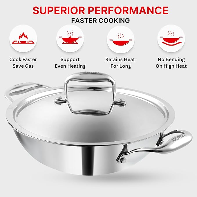 Vinod Platinum Triply Stainless Steel Kadai | 3.2 Litre | 24cm | 2.5mm Thick Extra Deep Kadhai With Lid for Cooking
