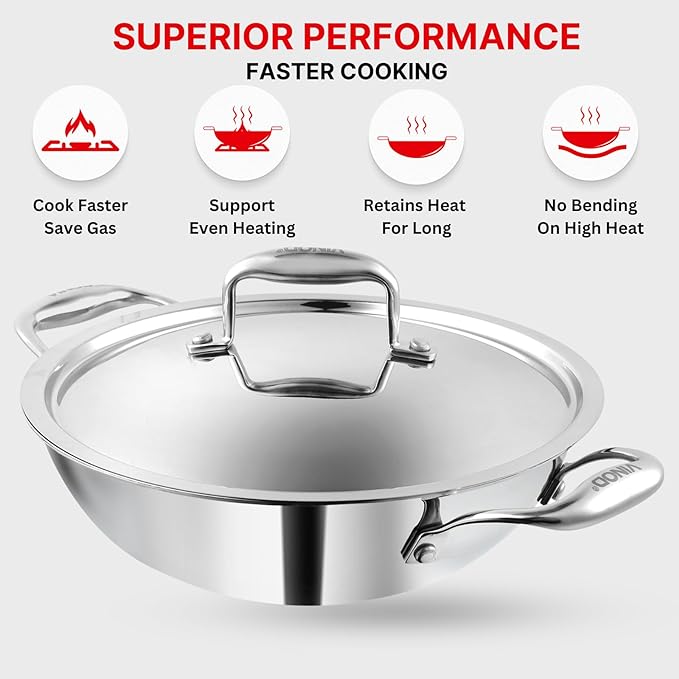Vinod Platinum Triply Stainless Steel Extra Deep Kadai with Lid 3.7 Litre (26 cm Dia) | 2.5mm Thick | Stainless Steel Cookware