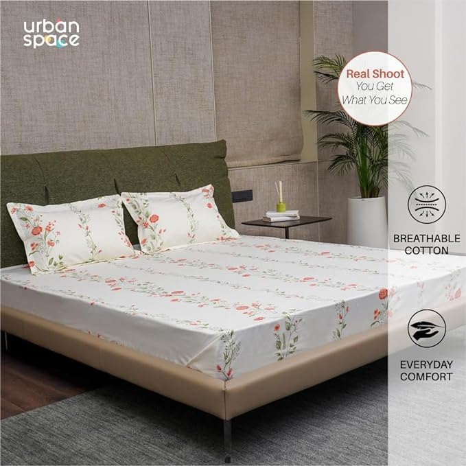 Urban Space Serene Bedsheet for Double Bed 2 Pillow Covers (Colour Veil Bloom Peach)