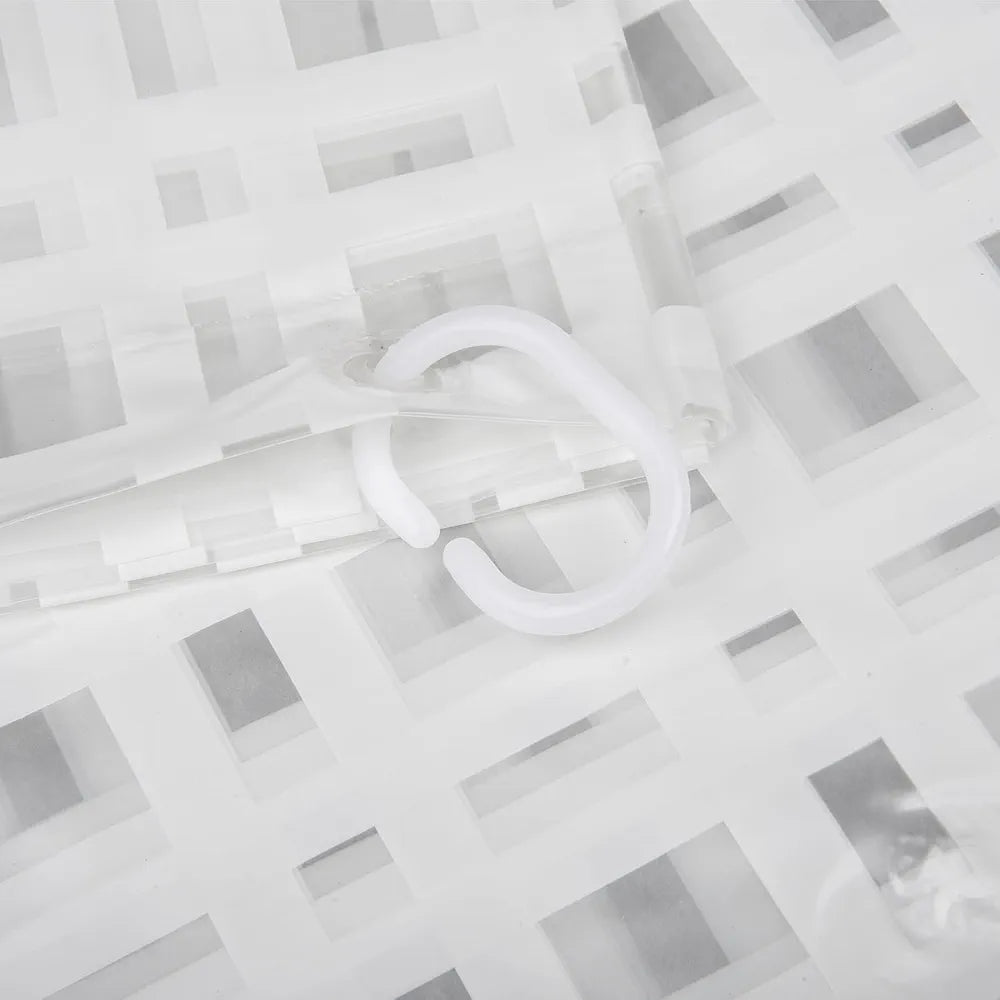 Kuber Industries PVC Shower Checkered Light-Filtering Curtain White with Hooks for Bathroom
