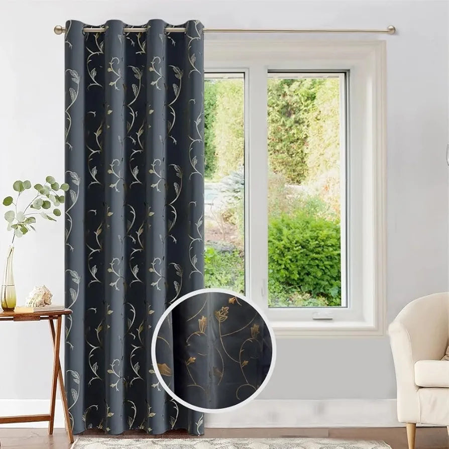 Urban Space Pure Blackout Opaque Curtains for Living Room, Gold Foil Printed Luxurious Blackout Opaque Curtains 1 Piece Pack Floral Vine Grey