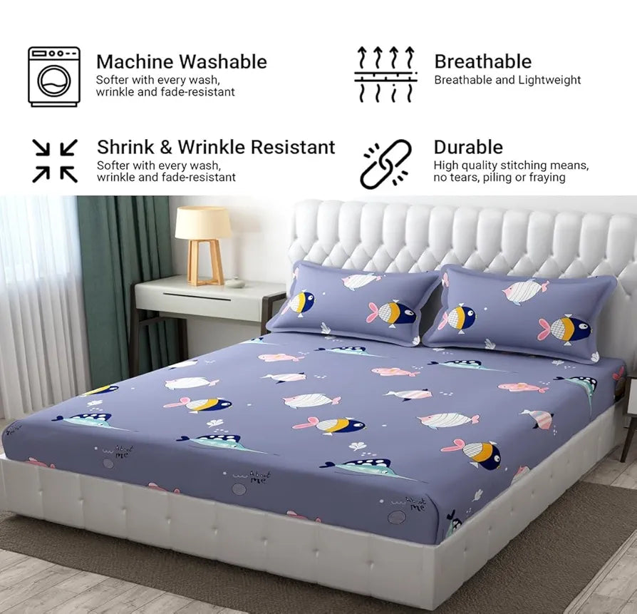 Fresh From Loom Bed Sheet Cartoon Printed Double Bedsheets King Size with 2 Pillow Cover 144 TC Grizzlies