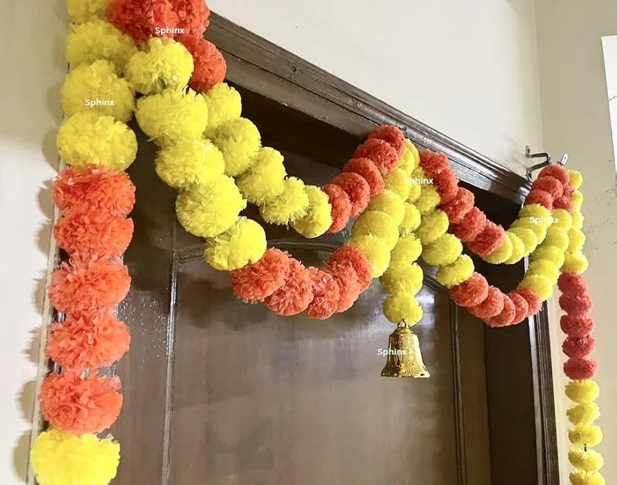 Artificial Marigold Fluffy Flowers Garlands Door Toran Set/Door Hangings Yellow and Dark Orange Patterned