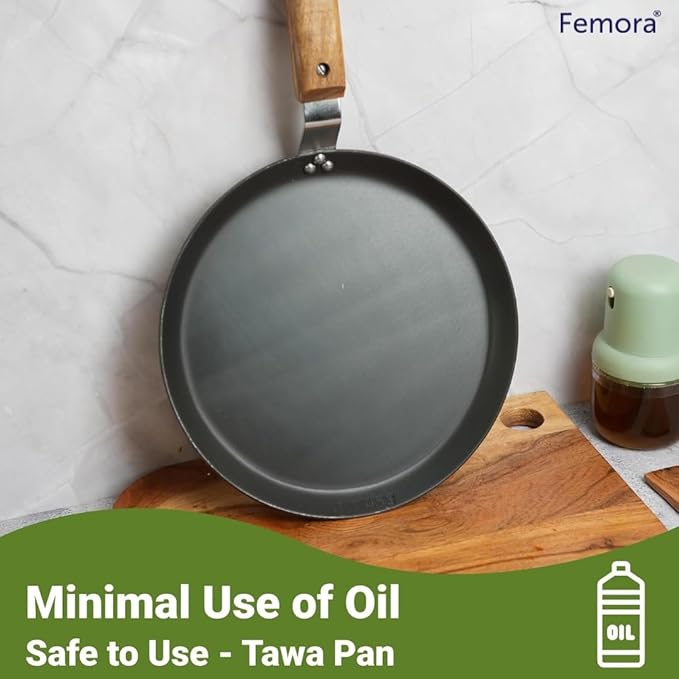 Femora 12 Inchs Iron Flat Tawa With Wooden Handle | Tawa for Roti