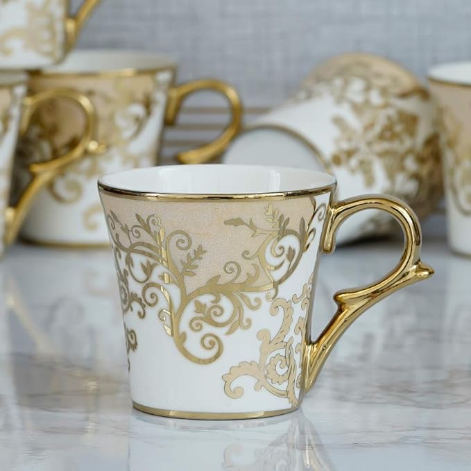 Femora Premium Floral Gold Line Ceramic Coffee & Tea Cup Set of 6 | 160 Ml