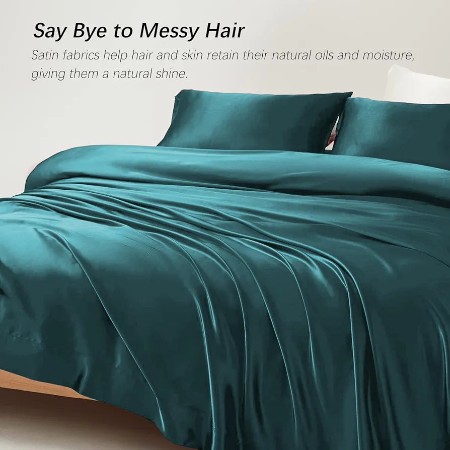 Cloth Fusion Satin Bedsheet for King Size Bed Set of 1 Satin Sheet 2 Pillow Covers Peacock Green