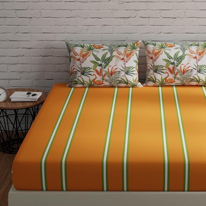 Huesland by Ahmedabad Cotton 144 TC King Size Bedsheet Cotton with 2 Pillow Covers | Stripes & Flamingos Orange & Green
