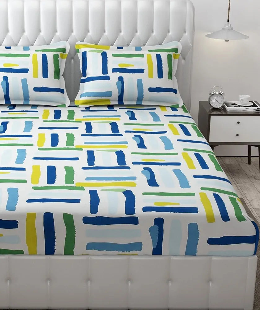 Fresh From Loom Microfiber Rotary Printed Bed Sheet Set King Size Hypoallergenic Wrinkle Free with 2 Pillow Covers 144 TC Multi Line