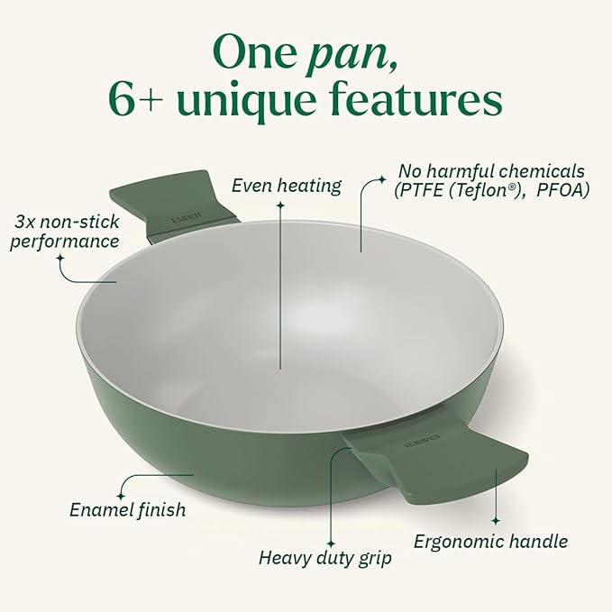 Ember Cookware Arcilla Ceramic Non Stick Kadai 24cm | Glass Lid | Matching Handles | Florence Series | Green