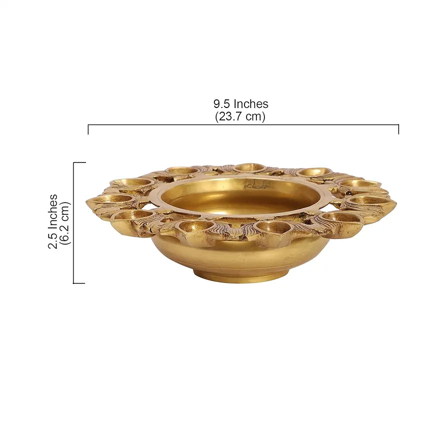 Two Moustaches 9.5 Inches Brass Urli Bowl with Lotus Design 11 Diyas Urli for Flowers