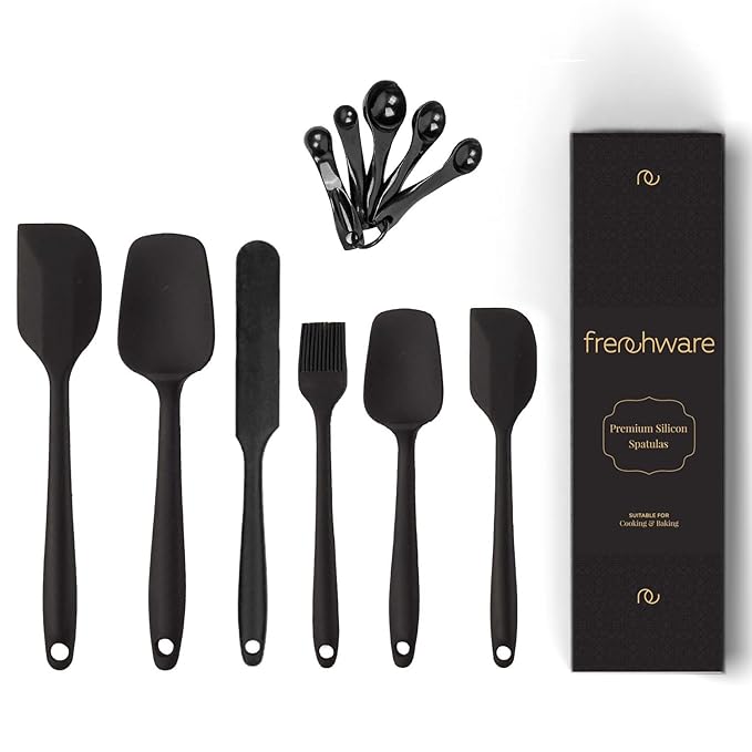 Frenchware Set of 6 + 5 Measuring Tablespoons, Black Colour | Non-stick Silicone Spatulas for Cooking & Baking | Dishwasher Safe