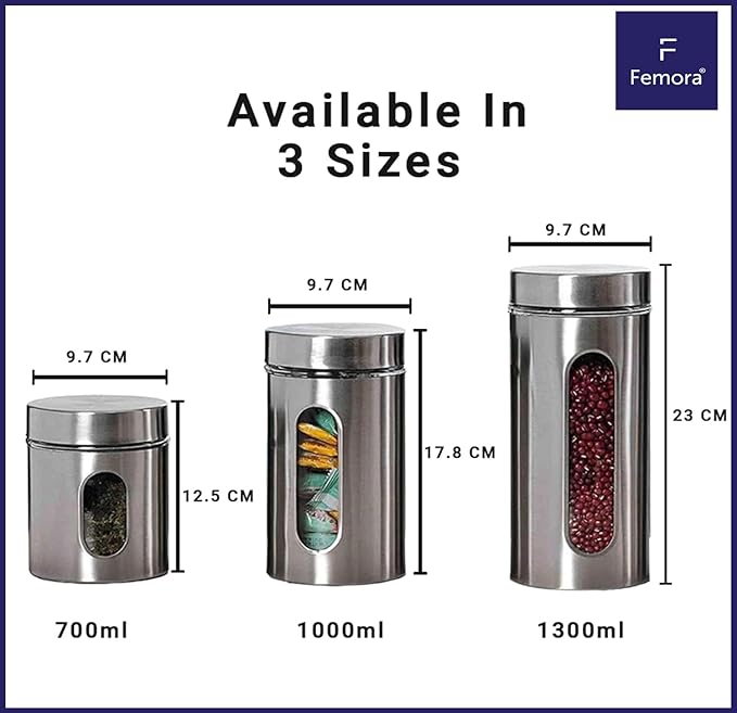 Femora Kitchen Storage Jars Steel Body With See Through Window Jar | 1000 Ml | Pack of 6