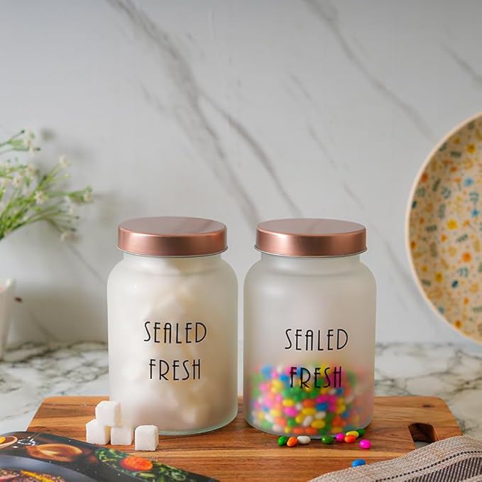 Femora Kitchen Storage Jars Frosted Glass Jar With Steel Lid Air Tight Jar | 1000 Ml | Pack of 2 | Golden Lid