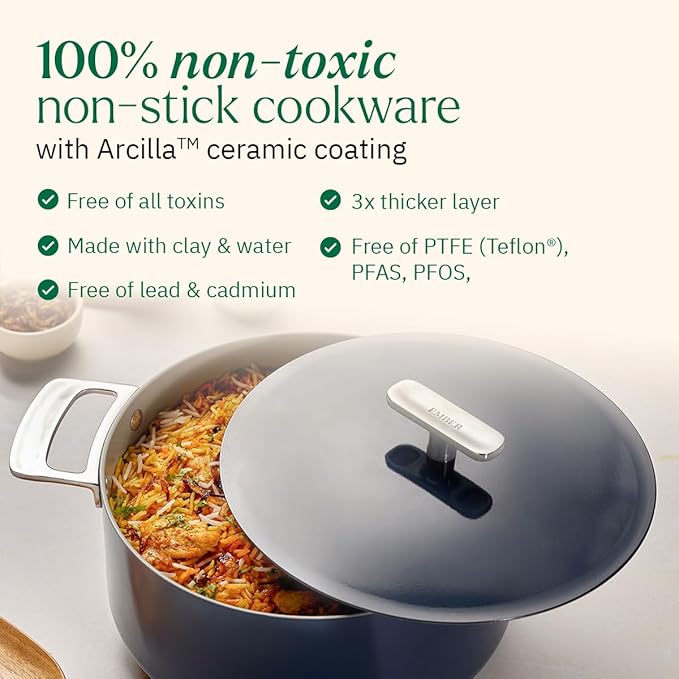 Ember Cookware Arcilla Ceramic Non Stick Dutch Oven 24cm | Metallic Lid | Stainless Steel Handles | Non Toxic Biryani Pot | Blue