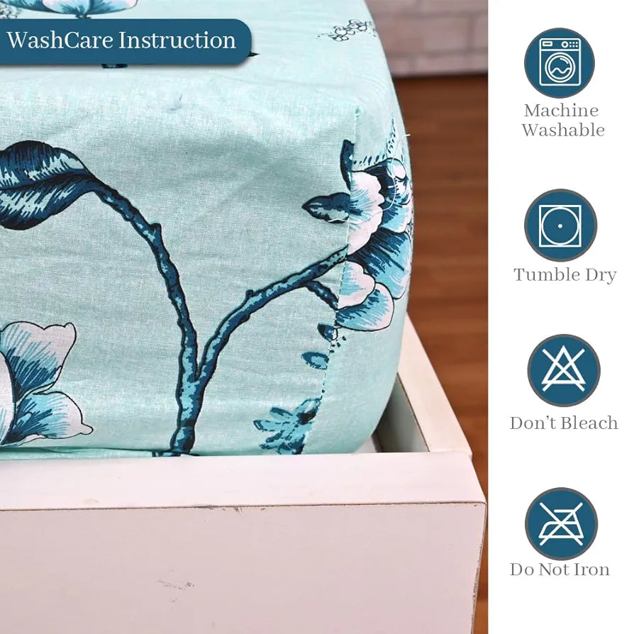 Divine Casa Floret 100% Cotton King Fitted Bedsheet 144 TC Deep Pocket Design Soft & Breathable Fabric Colour Winter Fern