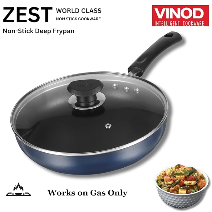 Vinod Zest Aluminium Non Stick Deep Frypan with Glass Lid - 22 cm | 3 Layer Ceramic Coating | 3 mm Extra Thick