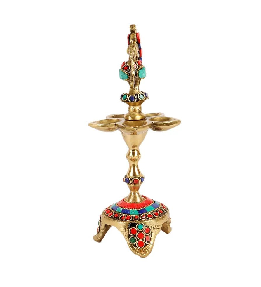 Two Moustaches Gemstone Work Peacock Over Ethnic Carved Legs Five Oil Wick Brass Diya