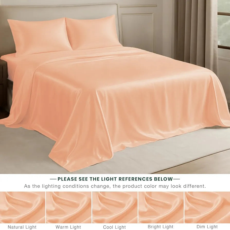Cloth Fusion Satin Bedsheet for Queen Size Bed Set of 1 Satin Sheet 2 Pillow Covers Peach Colour