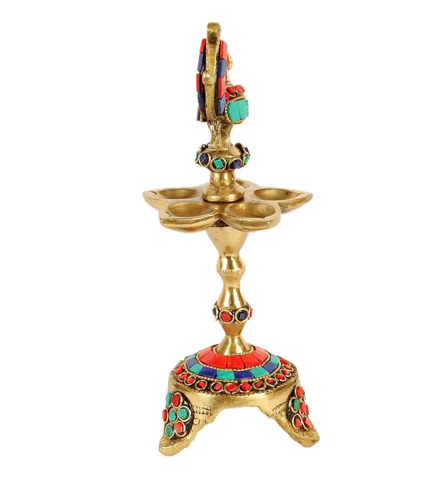 Two Moustaches Gemstone Work Peacock Over Ethnic Carved Legs Five Oil Wick Brass Diya