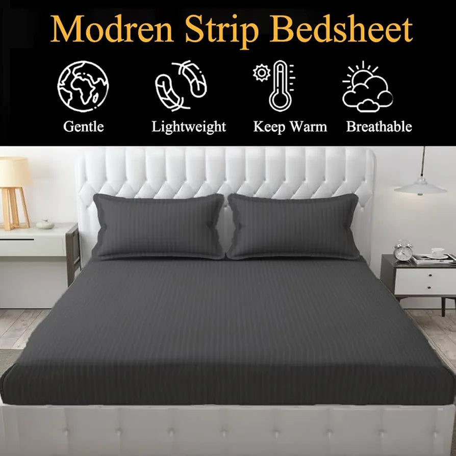 Fresh From Loom 144 TC Queen Size Flat Striped BedsheetsHotel & Home Double Bedsheet Set with 2 Pillow Covers Grey