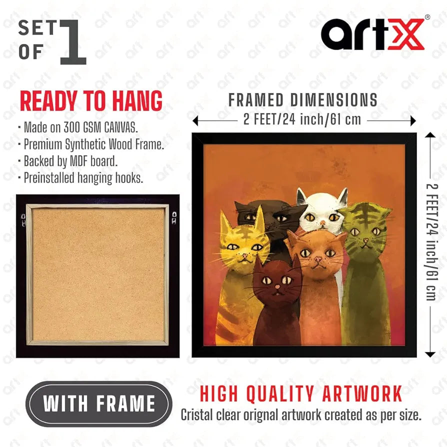 ArtX Group Cat Family Big Canvas Painting For Bedroom and Living Room With Frame