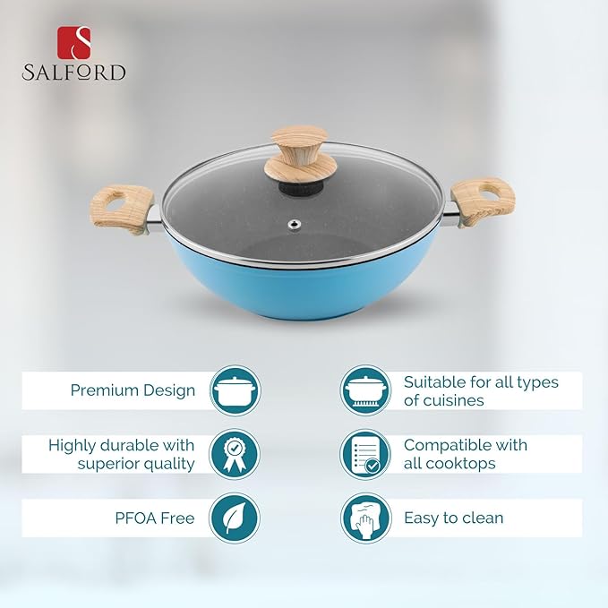 Salford by Ucook Forged Non-stick Kadhai + Glass Lid With Soft Touch Wooden Handle | Black Spatter Finish Dusty Blue- 240mm | 2.5 Litre