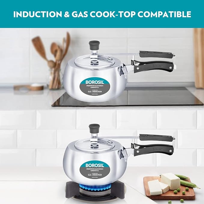 Borosil Pronto Induction Base Inner Lid Aluminium Pressure Cooker | 3.6 Mm Thick Base | 2 Litres | Silver