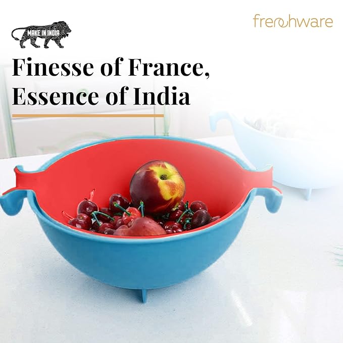 Frenchware 1 Unit Plastic Colander Bowl, Premium-grade Plastic, 100% Food Safe | Dishwasher Safe | Blue & Red