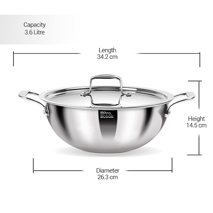 Milton Pro Cook Triply Deep Stainless Steel 24 Cm Kadai With Lid, 3.6 Litres - 2256 gms