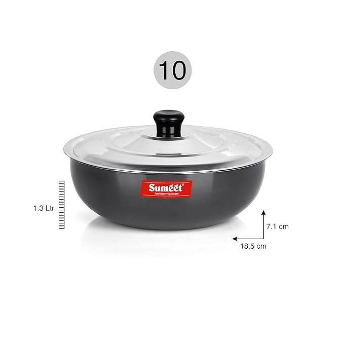 Sumeet 3mm Hard Anodized Deep Tasla with Stainless Steel Lid Size No- 10 (18.5cm 1.3 Liter)