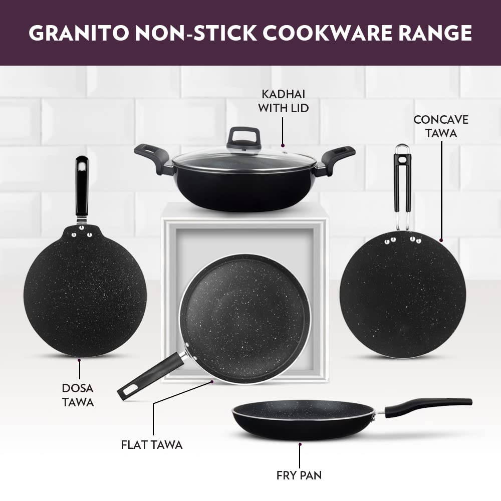 Borosil Granito Non-stick Concave Tawa | Induction Friendly | Granite Finish | Pfoa-free | 25 Cm Diameter | Black