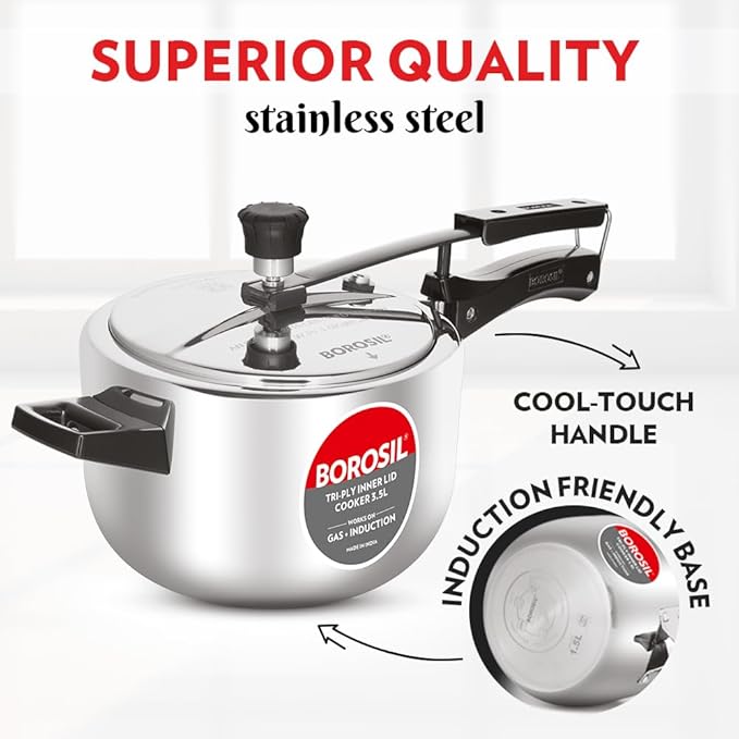 Borosil Triply Induction Base Inner Lid Stainless Steel Pressure Cooker | 3.5 Litres