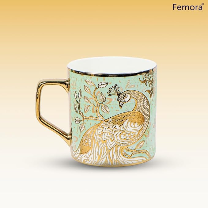 Femora Premium Peacock Motif with Leaves Pattern Ceramic Coffee & Tea Cup Set of 6 Each - 100 gms