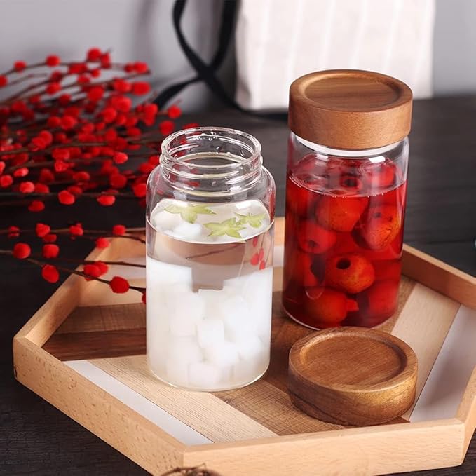 Femora Kitchen Storage Jars Borosilicate Glass With Wooden Lid Air Tight Jar | 350 Ml | Pack of 4 | Transparent