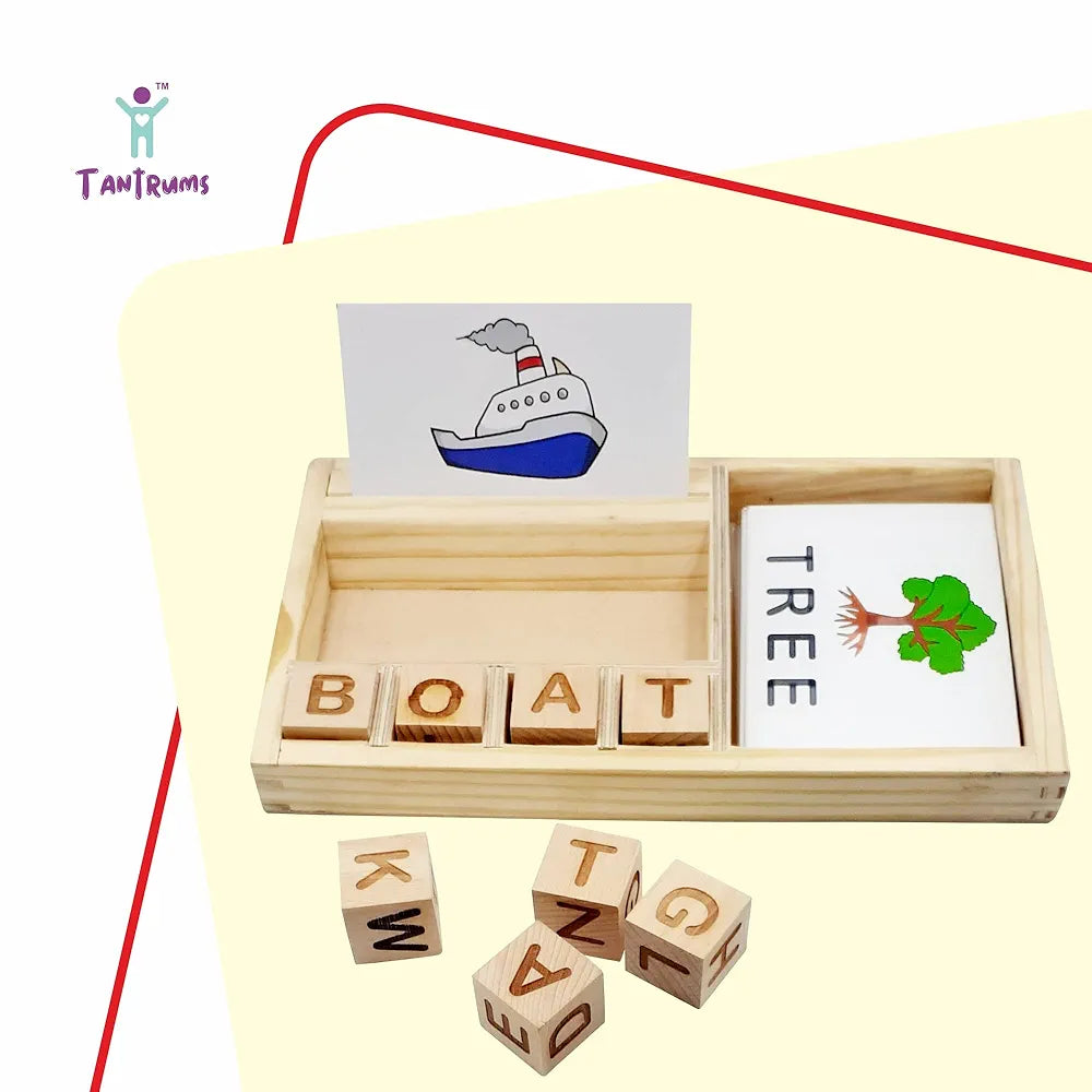 Tantrums Wooden Spelling Learning Game Set, Educational Letter Blocks with Flash Cards, Word Building Toy,for kids 3 Years And Up